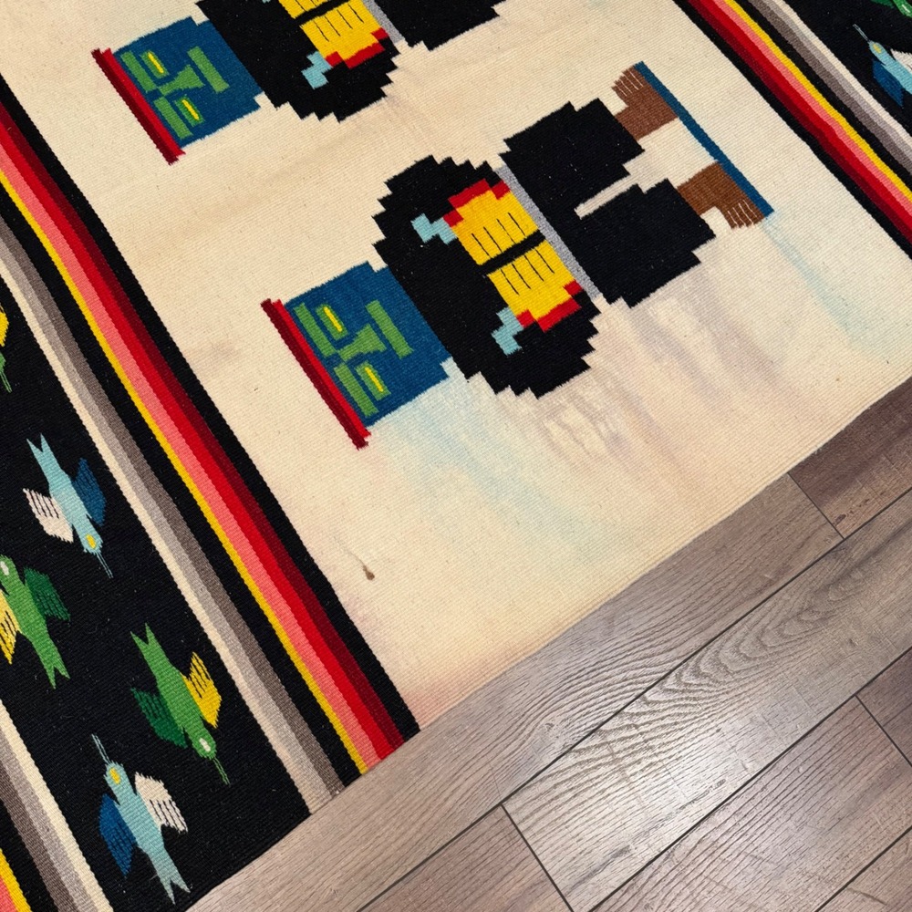 Vintage Zapotec Mexican Wool Rug Handwoven Pictorial Figural Birds 48x80 Oaxacan - Picture 9 of 9
